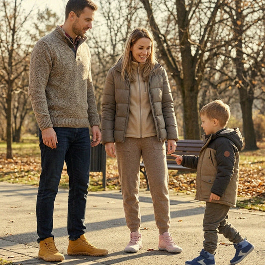 Famiglia che indossa stivali barefoot invernali durante una passeggiata quotidiana