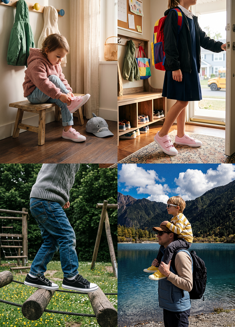 Bambini con scarpe barefoot in tela per uscite quotidiane, attività ricreative all'aperto e gite in famiglia
