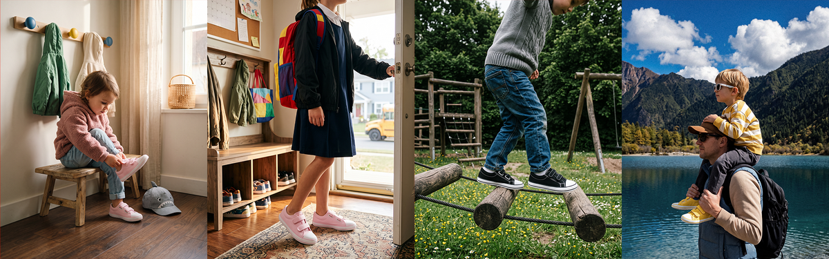 Bambini con scarpe barefoot in tela per uscite quotidiane, attività ricreative all'aperto e gite in famiglia